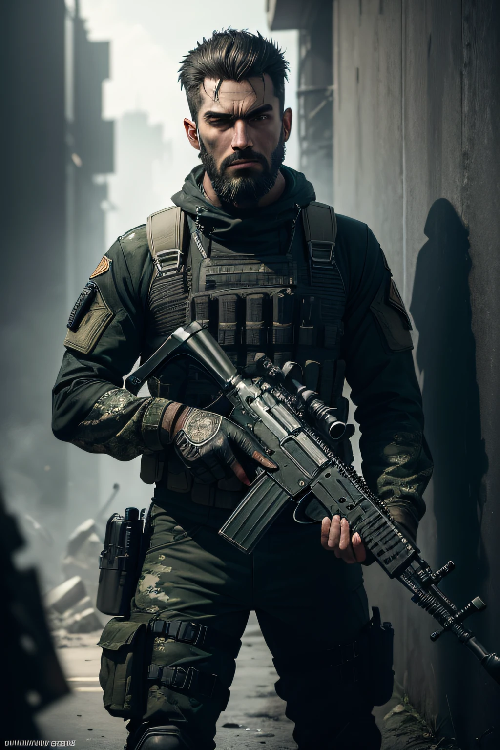(best quality,ultra-detailed,realistic:1.37), personagem do jogo ghost do call of duty ghost, detailed eyes and face, detailed camouflage uniform, tactical vest, military boots, wielding advanced weapons, intense facial expression, intricate facial hair, futuristic environment, dark and gritty atmosphere, haunting shadows, dramatic lighting, high-res texture, professional level graphics, immersive gaming experience, adrenaline-pumping action.