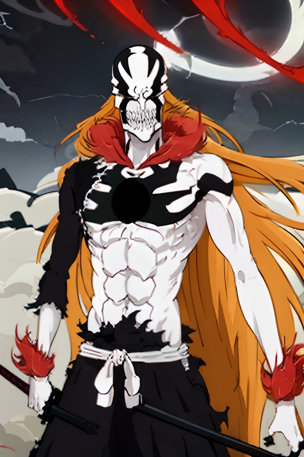 Ichigo kurosaki, Gros plan, cheveux orange, yeux rouges brillants, Angry face, Cris, Backgroun flou, Masterpiece, 8k, Disque dur, With his sword