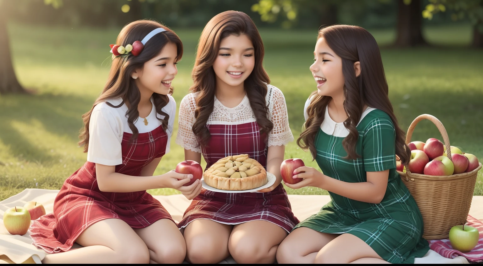 2 jovens amigos (1 rapaz de 14 anos) e sua (amiga de 13 anos) Are on a picnic. Em um gramado, sentados em uma toalha xadrez verde. Estudantes vestidos com roupa jovem.  A green plaid blanket stretches across the floor, adorned with an apple pie. Laughter mingles with softness as friends share stories and indulge in juice and apple pie.