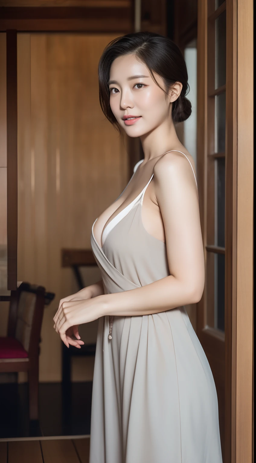 photograph of-realistic (1 Korean royal sister star) hair slicked back, White skin, thin makeup, 32 inch breast size, A slight smil, Large skeleton，Wearing a gray patterned slip dress，Stand in front of the cabin, panoramic lens, hyper HD，Cocked buttocks，black lence stockings