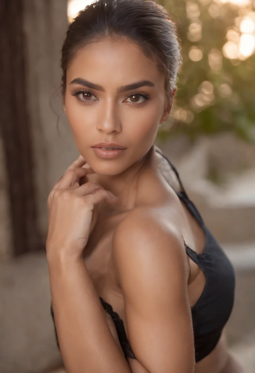 Una hermosa foto RAW, fotorrealista, La mejor calidad, hermosa morena, Piel detallada, look would be, Photo of beautiful Mexican-African ebony woman, Androide 18 de Dragon Ball, super sexy, Pose exitante, enfoque desde atras
