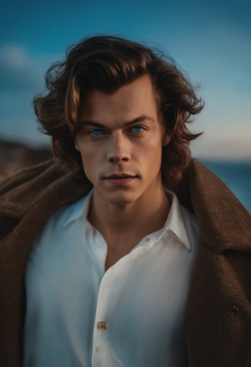 anjo Harry Styles, olhos claros brilhantes, blue skies, cores muito brilhantes, light particles, com luz brilhante, Mshiff, Arte do papel de parede, Papel de parede UHD