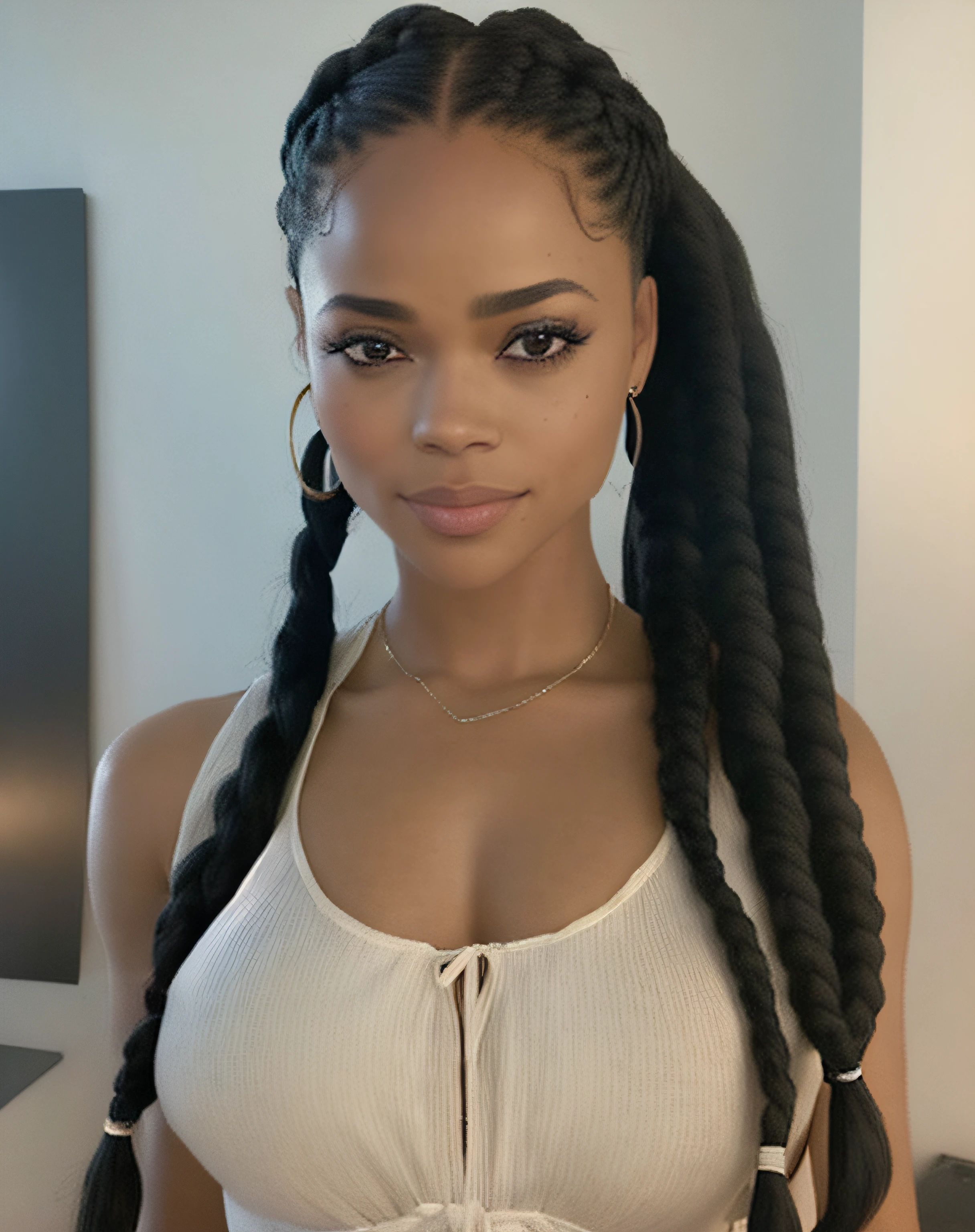 a close up of a woman with a very big breast wearing a white top, tessa thompson inspired, black young woman, gorgeous lady, light skinned african young girl, gorgeous woman, young black woman, portrait of vanessa morgan, long black braided hair, tessa thompson, long braided black hair, black hair in braids, gorgeous female, with brown skin, vanessa morgan