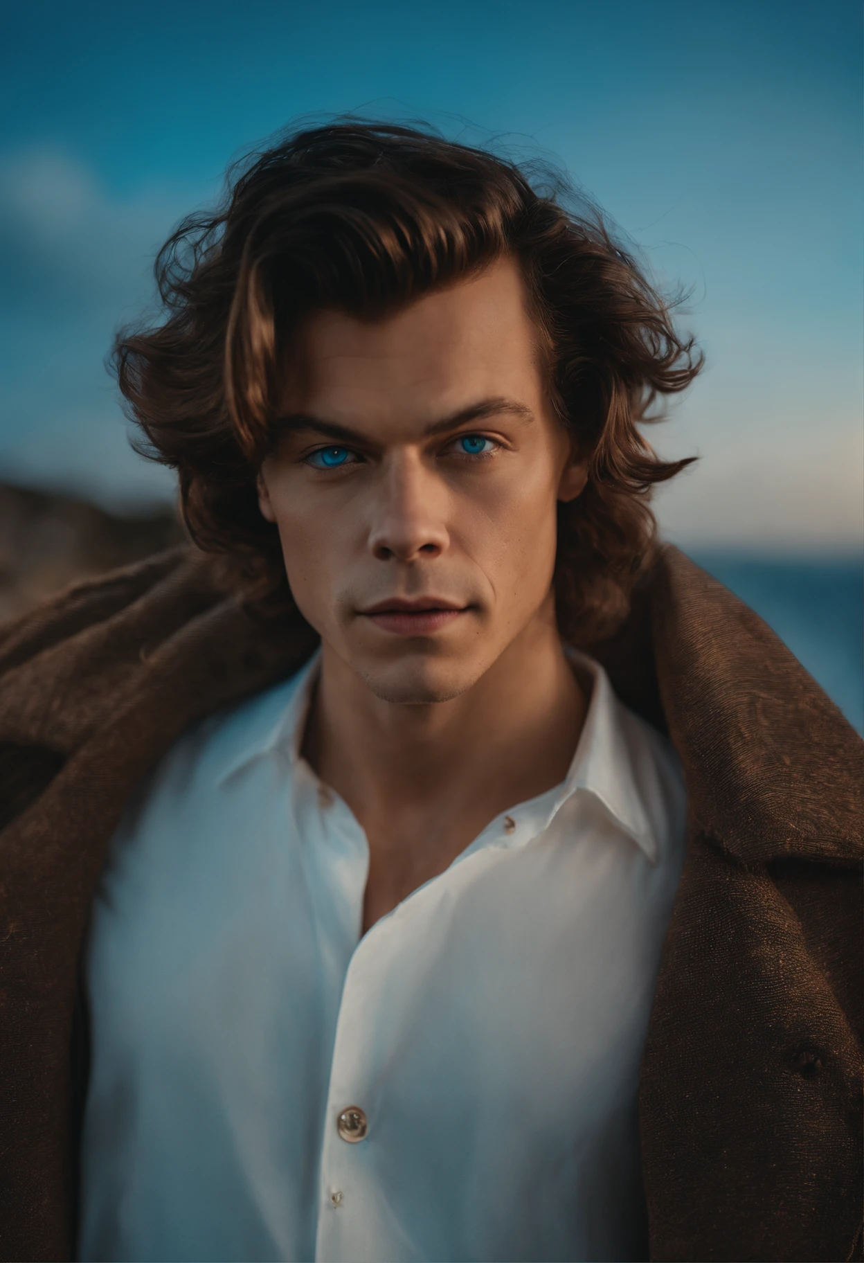 anjo Harry Styles, olhos claros brilhantes, blue skies, cores muito brilhantes, light particles, com luz brilhante, Mshiff, Arte do papel de parede, Papel de parede UHD