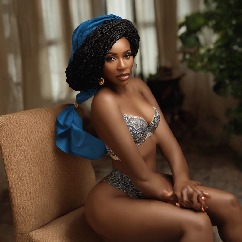 (Beauty shot:1.3) photo of a beautiful 60 jears old black woman, with a blue head scarf, wearing kente dress, Female,black female, Solo, Huge Breasts, Glamour, Realistic Skin, Realistic Face, Wild, Bossy, Cradle, Crouching, Spread Legs, (Sexy Lingerie ), black lingerie, (see-through lingerie), lace lingerie, (breasts and vaginal lips are visible through underwear: 1.5), and areolas are clearly visible: 1.3), short caramel-colored hair , excited, provocative, ecstasy,(hyperrealistic), (illustration), (high resolution), (8K), (extremely detailed), (best illustration), (beautiful detailed eyes), (best quality), (super detailed), (masterpiece), (wallpaper), (detailed face), solo, (dynamic pose), 1 , 60 jears old black woman,black wavy hair on the chair, , heterochromic eyes, small moles under the eyes, ((short apron)), medium breasts, long legs, tightens abs, (camel toes), (), (no bra)