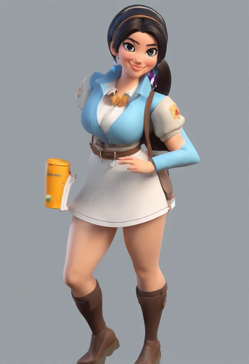 1girl, peruvian, Black hair in bun, squinty eyes, pretty smile, short, chubby, voluptuous, curvy, , wearing uniform, light blue blouse, grey skirt, absurdres, high res, ultrasharp, 8K, masterpiece,