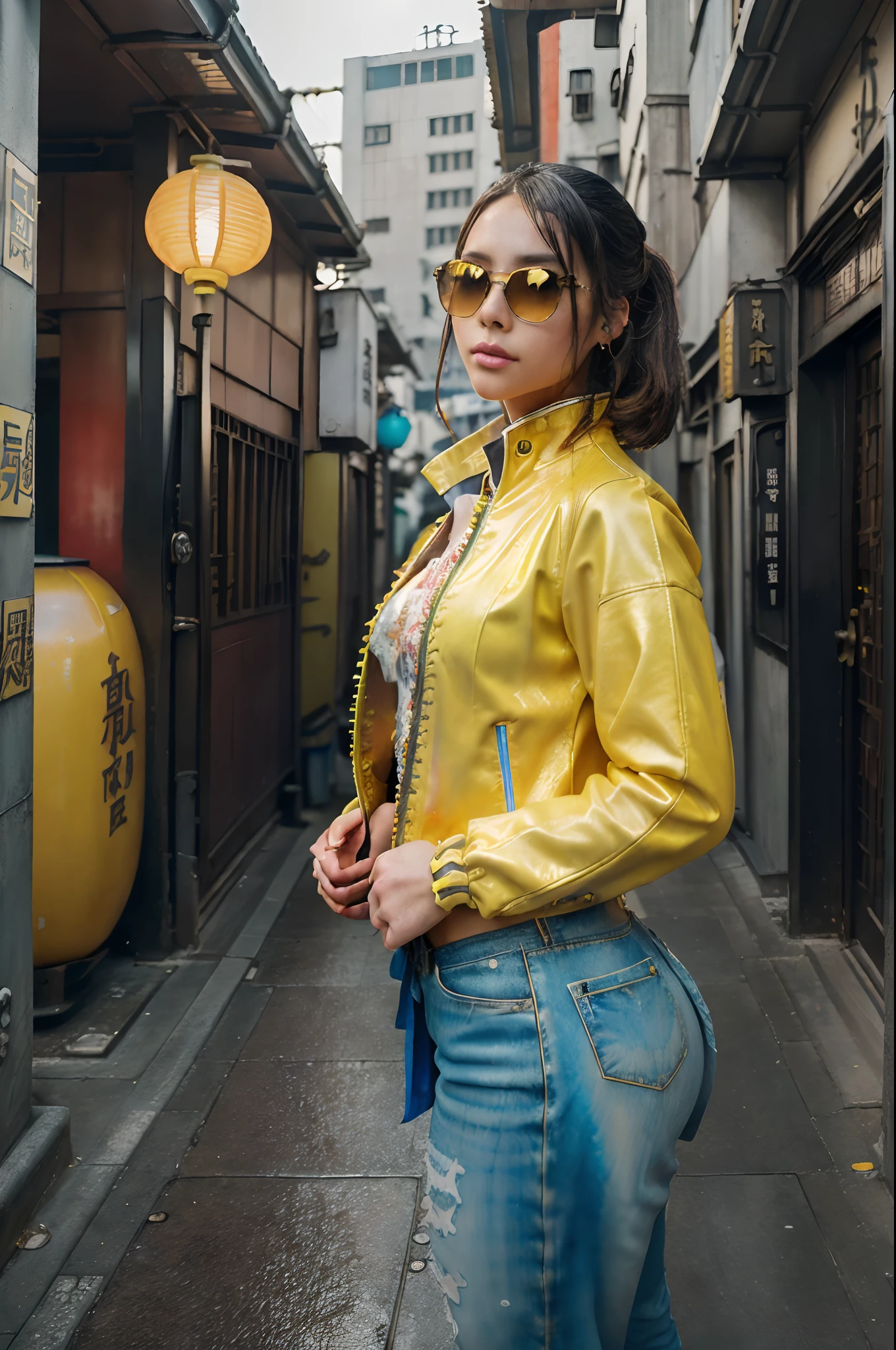 (8k, ARTISTIC photography, best quality, masterpiece: 1.2) close up, full color painting of a standing cyberpunk girl, sunglasses, platform shoes, Harajuku fashion ((yellow bubble jacket)), perfect hourglass figure, low angle view, (((Kowloon) (((china))), outdoor alley background, insane details, intricate details, hyperdetailed, soft cinematic light, dim colors, exposure blend, hdr, front, Watercolor, trending on artstation, sharp focus, studio photo, intricate details, highly detailed, by greg rutkowski