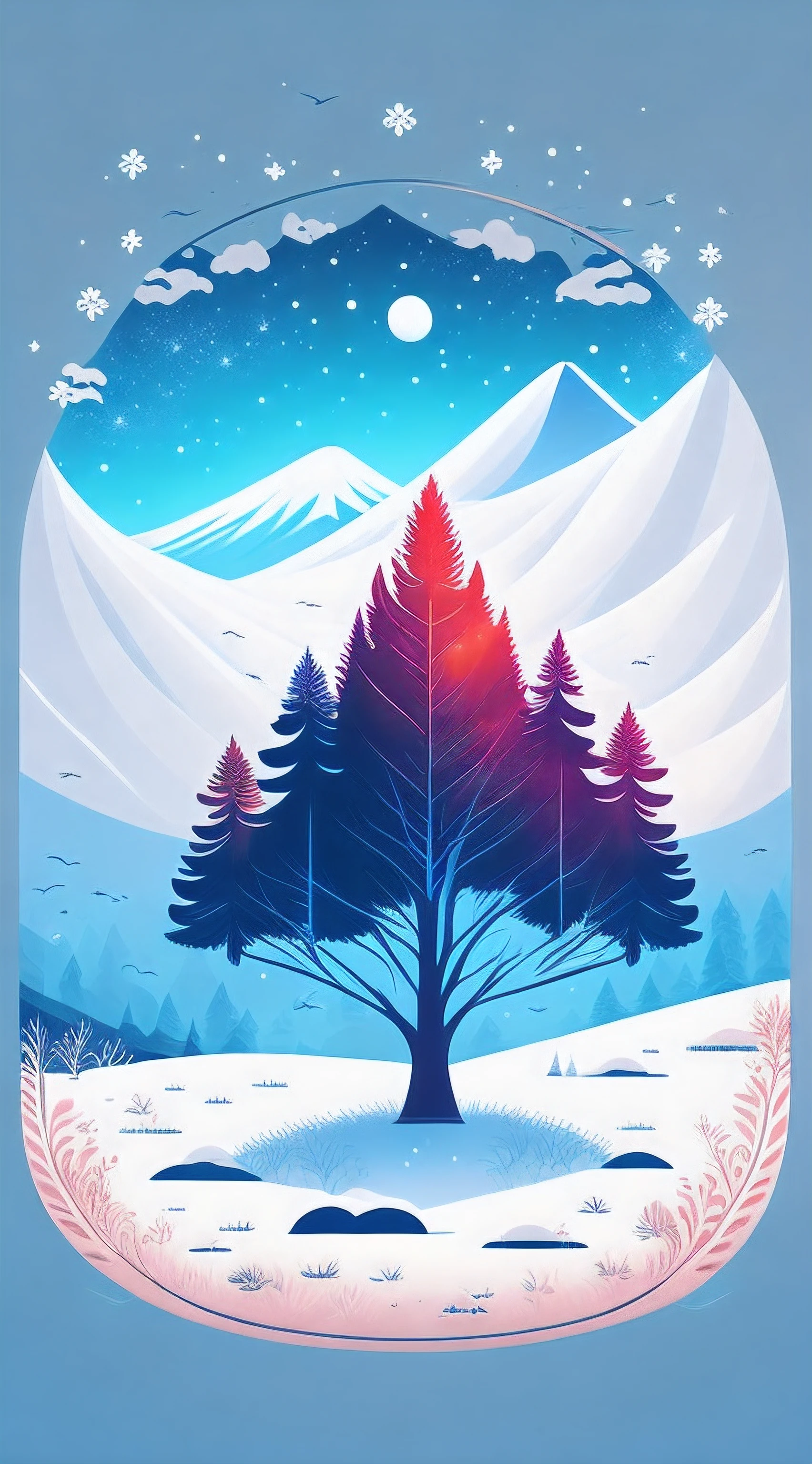 a spruice tree in a winter landscape, tshirt design, rzminjourney, vector-art