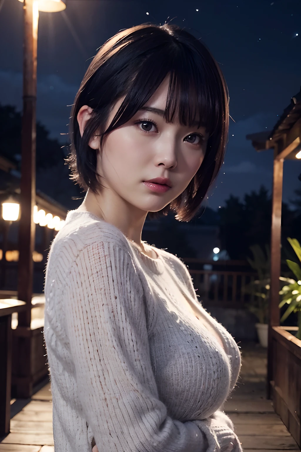 nsfw,one woman,sweater,taking off clothes,lying down,boobs,large breasts,gleaming skin,cute face,big eyes,cool face,short hair,midnightblue hair,looking at viewer,outdoor,night,masterpiece, extremely fine and beautiful,photorealistic,japanese