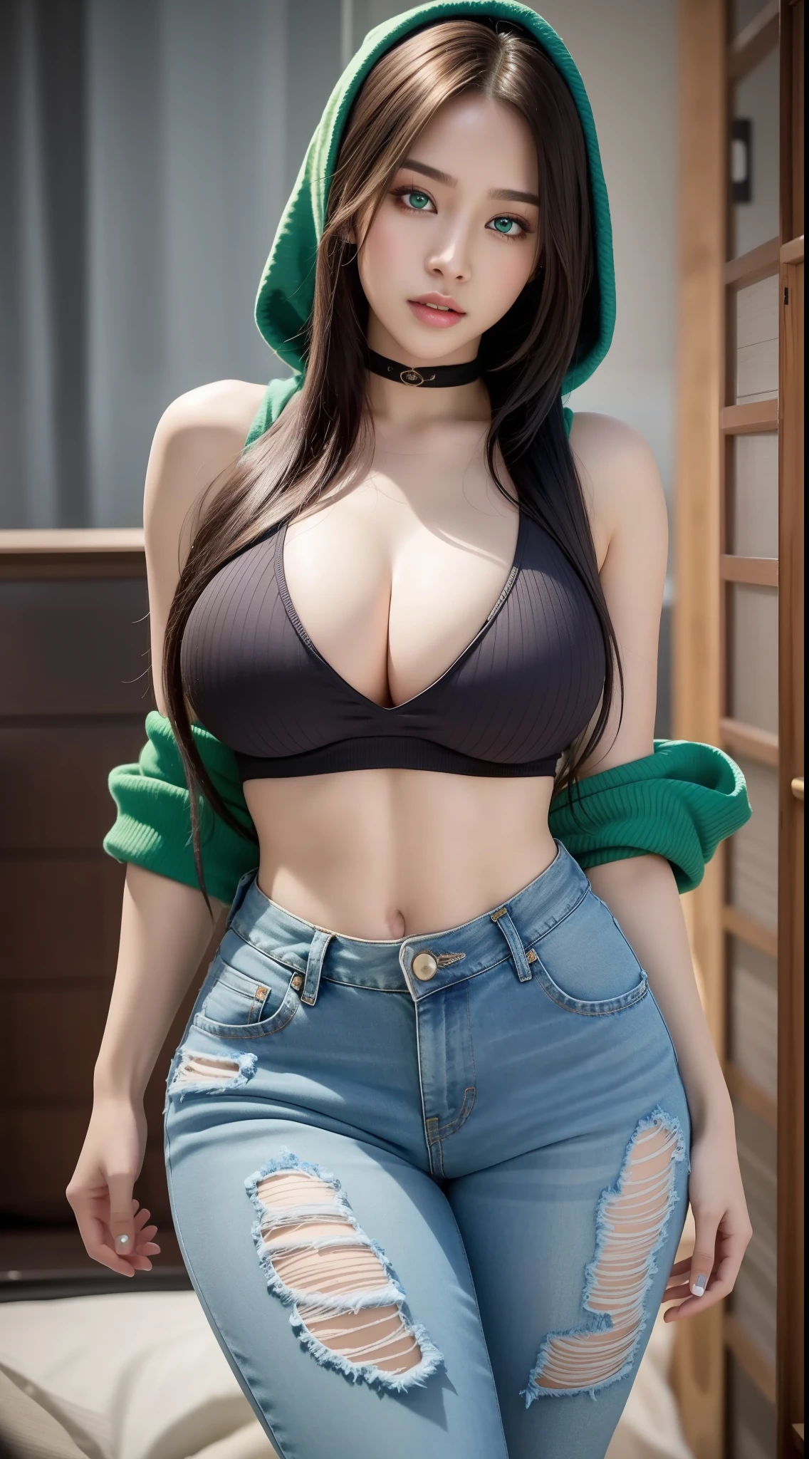 Hyper realistic, 32K UHD, masterpiece, 1girl, the most beautiful and sexy women, long blue hair, glowing green eyes, beautiful flawless dark african skin, wearing a hoodie tank top and torn skinny jeans, super huge enormously gigantic tits, cleavage showing, tons of tattoos and piercings, parted lips, in her bedroom, highly detailed background, sexy, very feminine, sexy and seductive, provocative, multi-angle shooting, appropriate pose, perfect masterpiece, best quality, best resolution