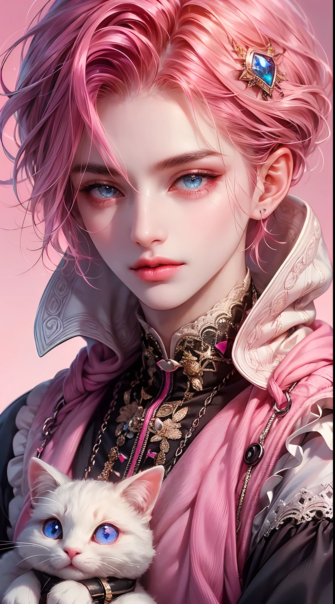 Portraits,{heart effects},{Vivid Color},Pink background, multiple monochromatic colors, Wind, looking at viewer, pretty,{{Pink hospital room}}, {bandages},{pop syringe},short hair, Vivid Color, Beautiful, detailed eyes, jewel-like eyes, colorful eyes, sparkling eyes,{{{Youth}}},Good looking guy,{{{boy}}},{Top quality},{{Colorful mass pills}},{{{colorful mass capsule pills}}}, moe sleeves, hoodie, hairpin, rabbit, pink effect, purple cross, pink heart, stuffed cat, pink hair, top quality, CG, High Resolution, Illustration, Beautiful detailed eyes, looking at viewer, finely drawn, {Art Book}, {{Vivid Color}}, Long lashes, lots of lashes, {{Face close-up}}, leaning to the side, {{{Male}}}, mysterious, night, {young men}, {{adult men}}, {{{sanpaku eyes}}}, {{{scornful eyes}}}, {{{He's handsome}}}, {{Beautiful young man}}, {{{{Good looking guy}}}}, Colorful, Beautiful, detailed eyes, jewel-like eyes, colorful eyes, sparkling eyes, {{{{{boy}}}}}, Wind, {1boy}, {1 person}