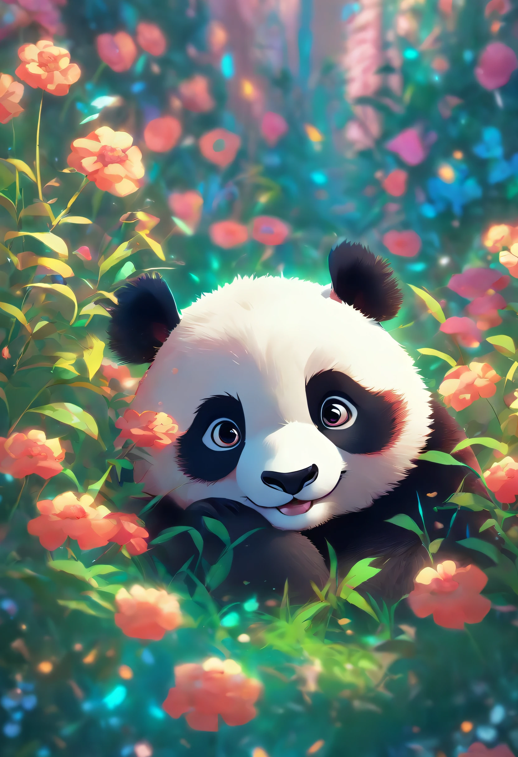 A cute panda lying on the flowers，has big eyes，Blushlush，Lazy，greet，high detal