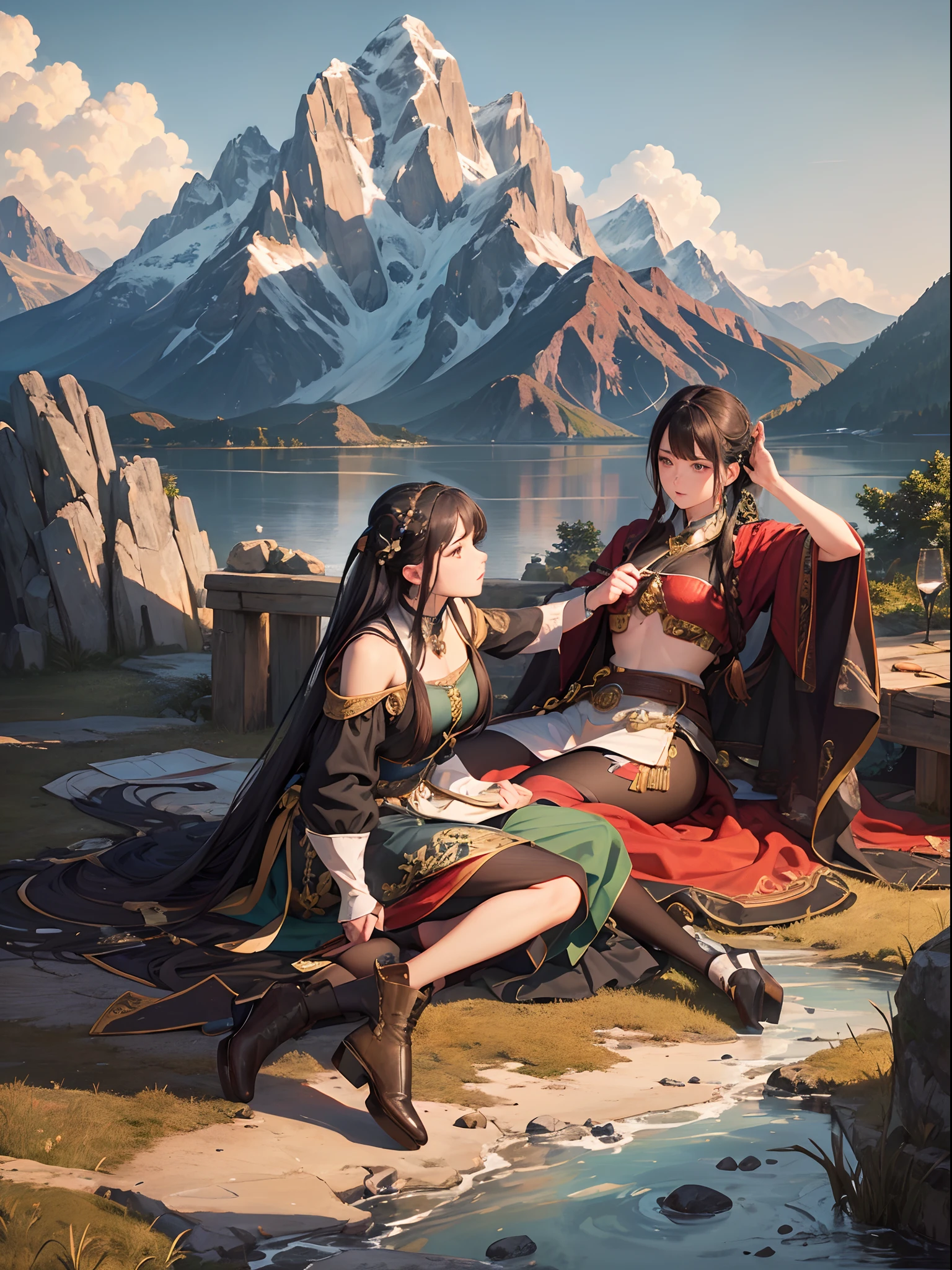 ((Finest quality)),(超A high resolution),(ultra-detailliert),(Meticulous portrayal),((best pictures)),(Finest works of art),Ultra-Precision Art,The art of astounding depiction, great outdoors:1.4,Rugged mountains々,lake,clouds,a bird,