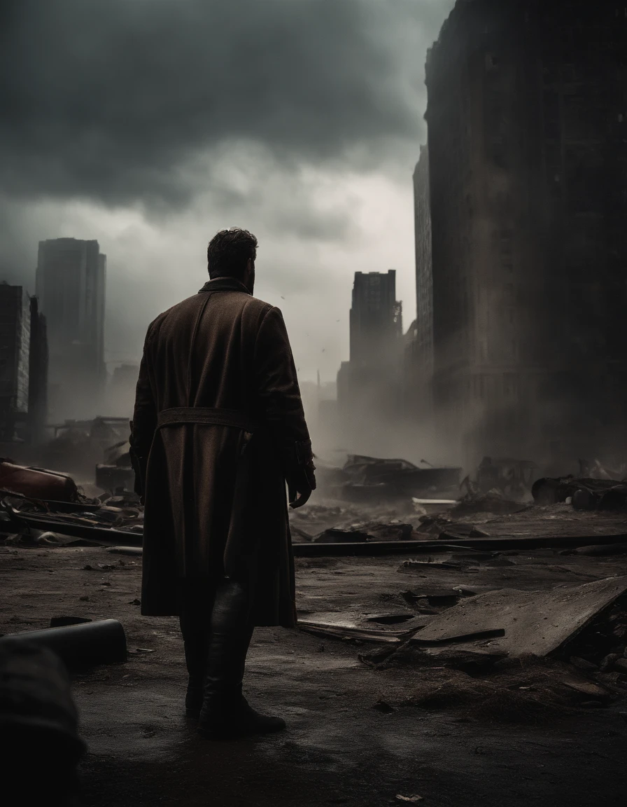 Create a cinematic scene for a movie poster that captures the intense moment when the hero confronts the main antagonist in a post-apocalyptic world, with a dramatic backdrop of a crumbling cityscape and a stormy sky