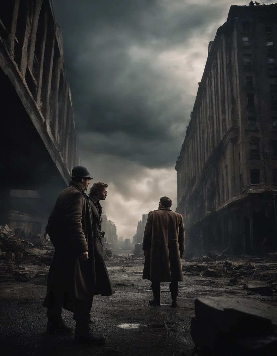 Create a cinematic scene for a movie poster that captures the intense moment when the hero confronts the main antagonist in a post-apocalyptic world, with a dramatic backdrop of a ruined cityscape and a stormy sky
