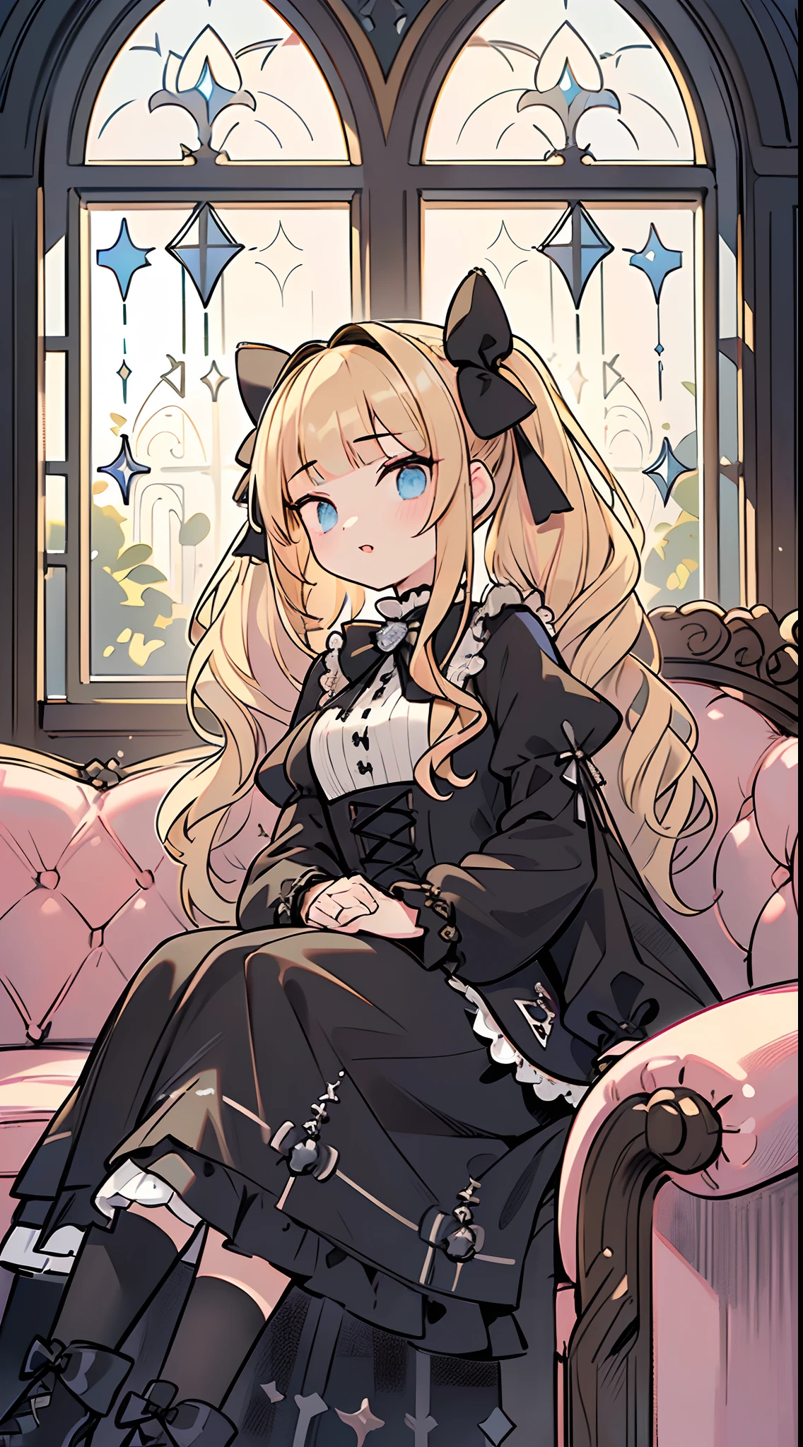 best quality, masterpiece, 1 girl, mea, (slender:1.3), medium breasts, (blonde hair:1.3), long hair, wavy hair, twintails, (blunt bangs:1.3), looking at viewer, bow, (Medieval Fantasy:1.3), sense of depth, (hair bow:1.3), (gothic lolita:1.3), Horizontal view, (sitting on the gothic sofa:1.3), (black sofa:1.2), front angle, (black and white window:1.3), (black interior:1.2), (pink lips:1.3)