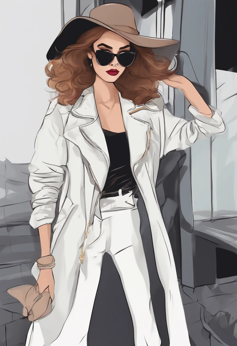 fashion girl, Sticker, dark atmosphere, Matte, Cartoon, Contour, Vector, White Background