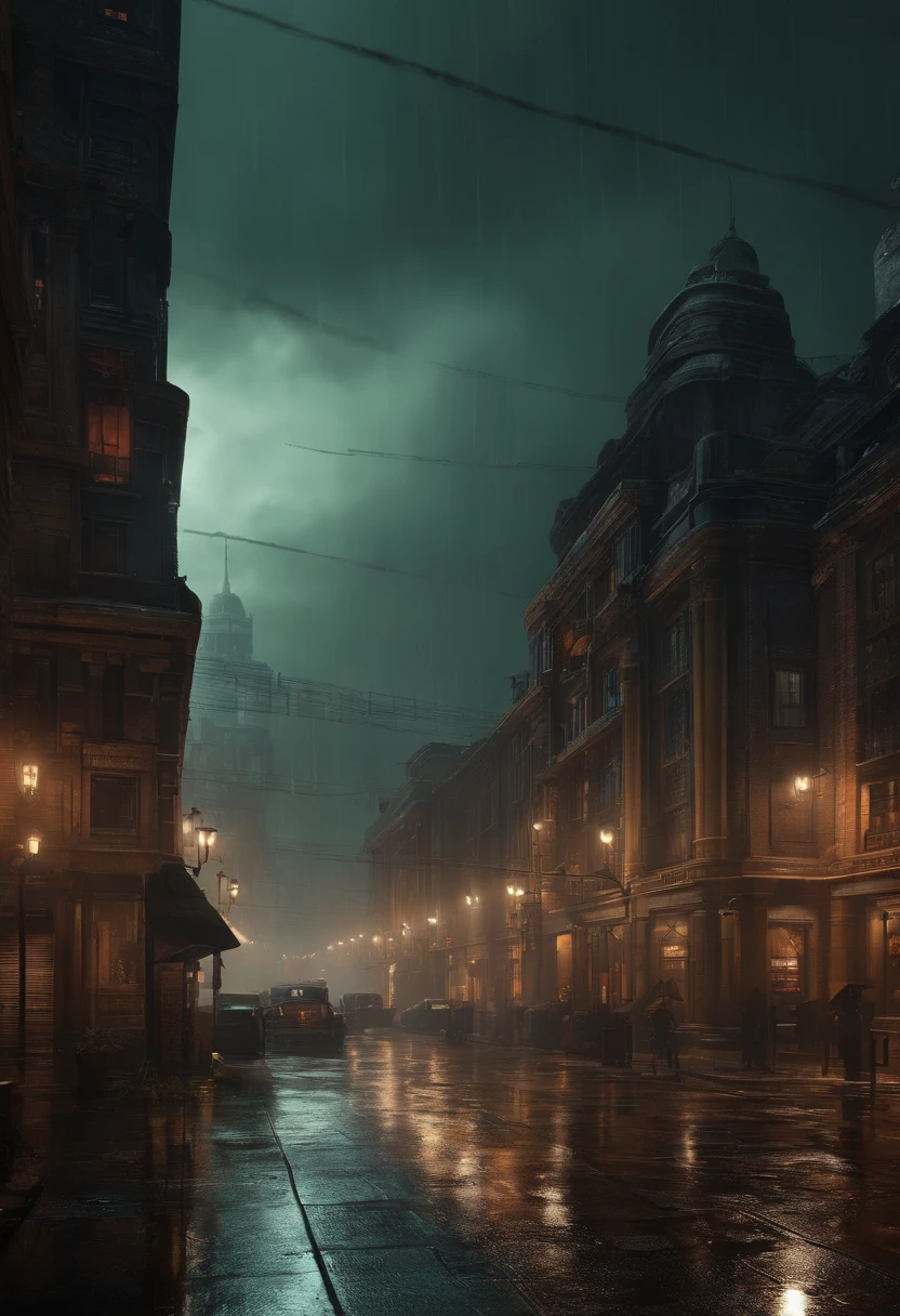 Urban setting, Rainy night. Warhammer 40k, sci fi