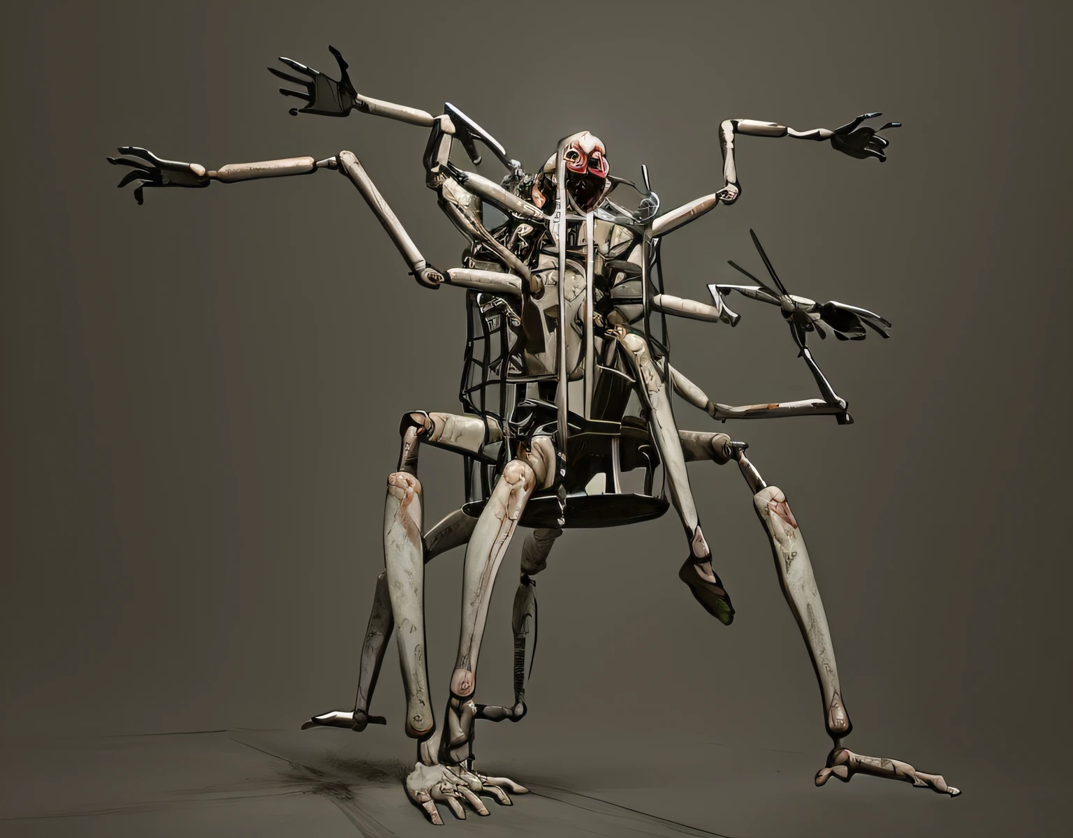 doll in a cage with arms stretched and extended and legs spread, Mechanical spider legs, criatura de Silent Hill, criatura semelhante a esqueleto, esqueleto - como criatura, gigante imponente feito de zumbis, conceito de criatura realista, pernas de aranha grandes, assustadora criatura de carne mutante, humanoide detalhado, rosto altamente detalhado, Dorohedoro, estilo Desonrado, Personagem Disco Elysium, Art style of Cédric Peyravernay