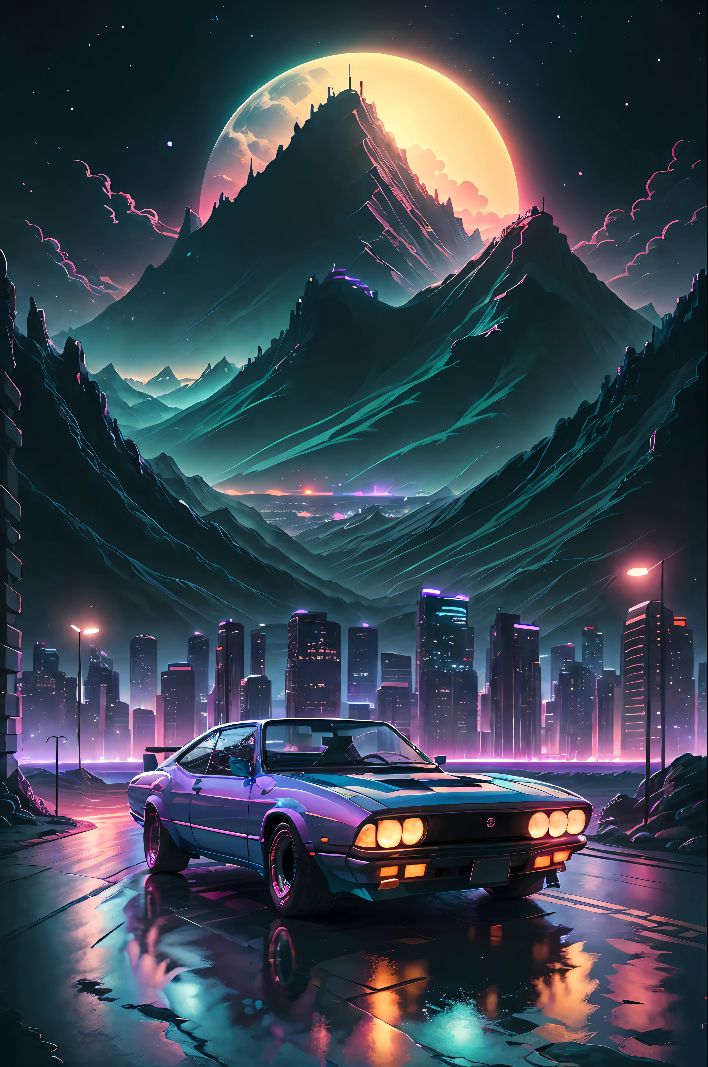 retrowave. city, 1969 Nissan S30, wide body kit, road, purple neon lights, sun, mountain,
(masterpiece,detailed,highres),