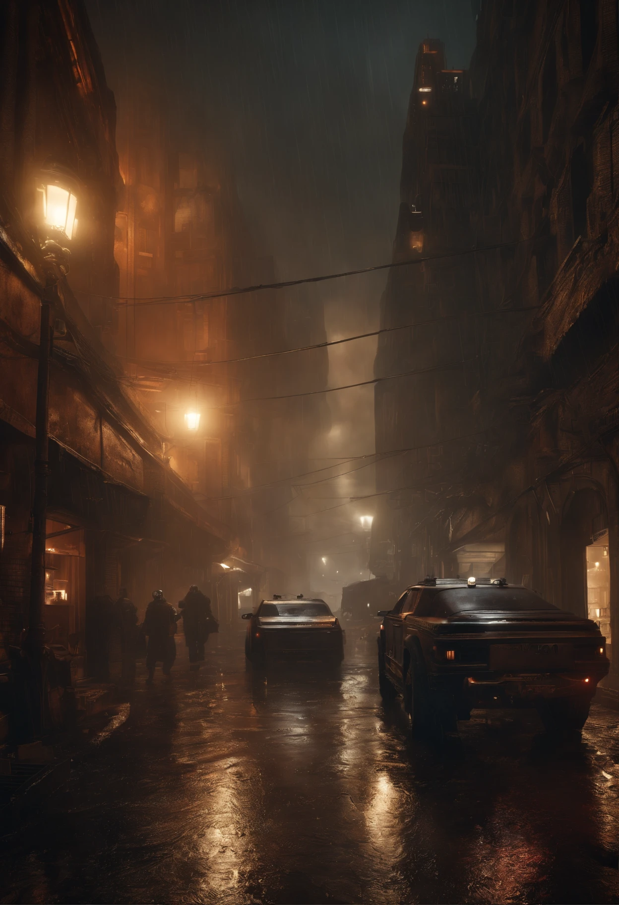 Urban setting, Rainy night. Warhammer 40k, sci fi, large square, dense, Scrap metals