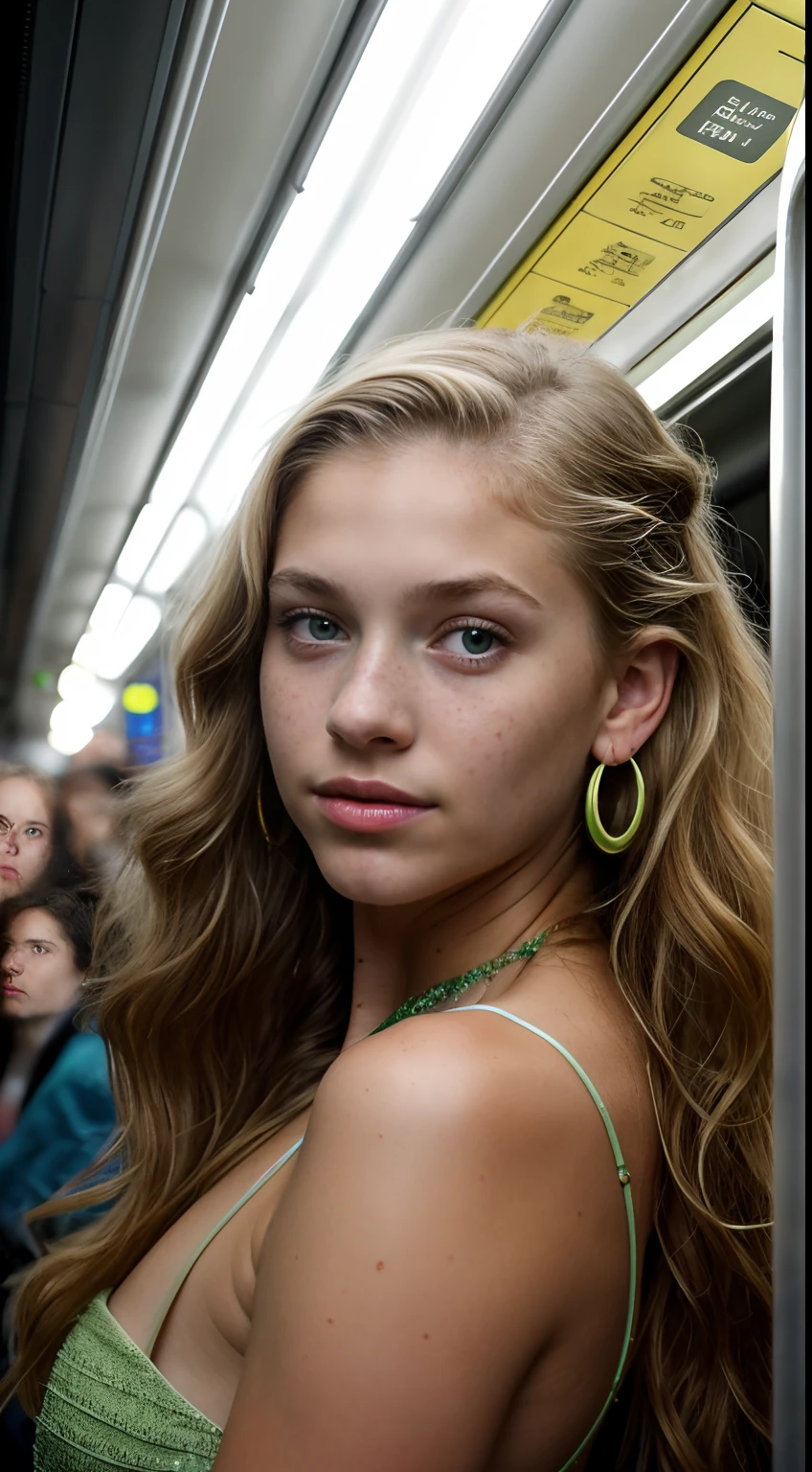 (()), beautiful girl, freckles on her face, light green eyes, big earrings, nude, full body, shot from below, very fair skin, very long hair, wavy hair, blonde hair, busy subway car, photorealistic, indirect lighting, volumetric light, ray tracing, hyper-detailed, best quality, ultra-high resolution, HDR, 8k