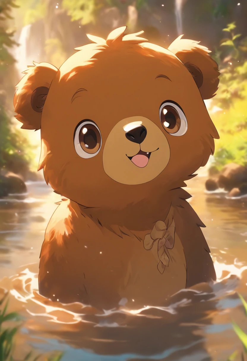 A cute bear stand on river，has big eyes，Blushlush，Lazy，greet，high detal