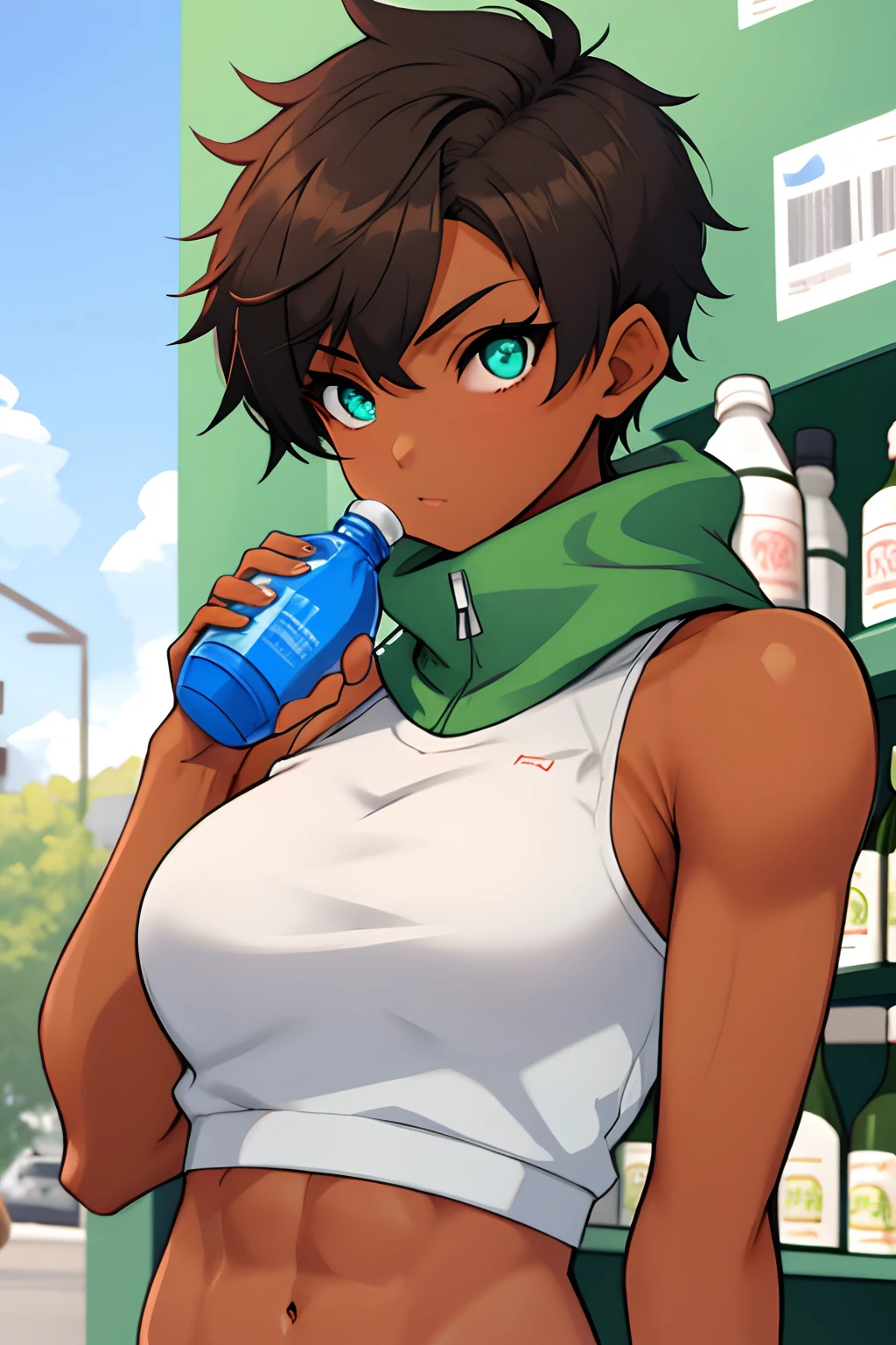 Masterpiece, tomboy, very short hair, tan, ((tanned skin)), defined arms, muscular arms, medium boobs, hood, green eye, blue eye, square, park, holding bottle, cold bottle,