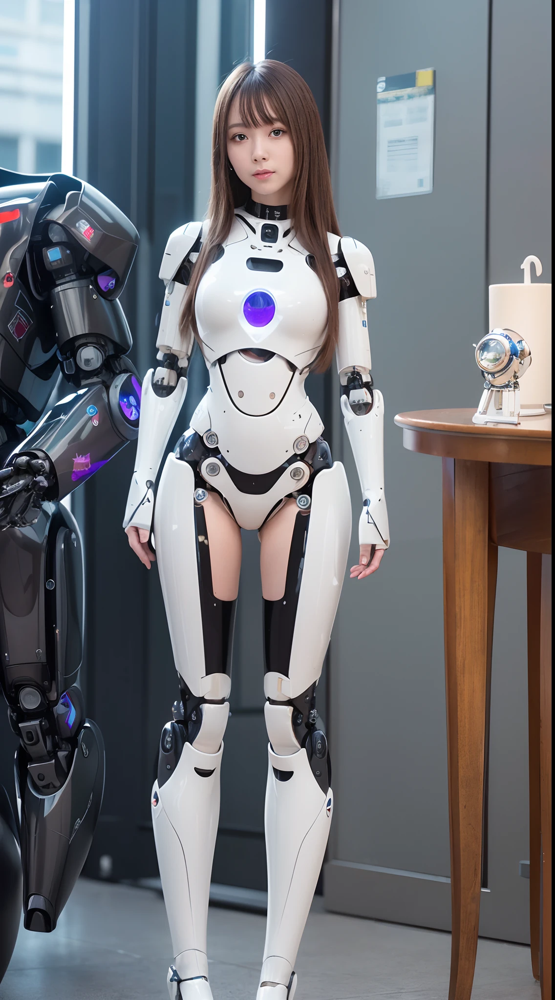 ((Robot Girl, mechs)), Glowing eyes, Delicate face, broken armor, Mechanical aura, Mechanical Arm, Mechanical Leg, Brown hair, Long hair, ceramic body, Thigh gap, tiny chest, cyber background, Akihabara, (translucent, reflection skin), 8K, Best Quality, Ultra-detailed, (surrealism: 1.4),(Perfect Robot Girl),(Perfect machine body)