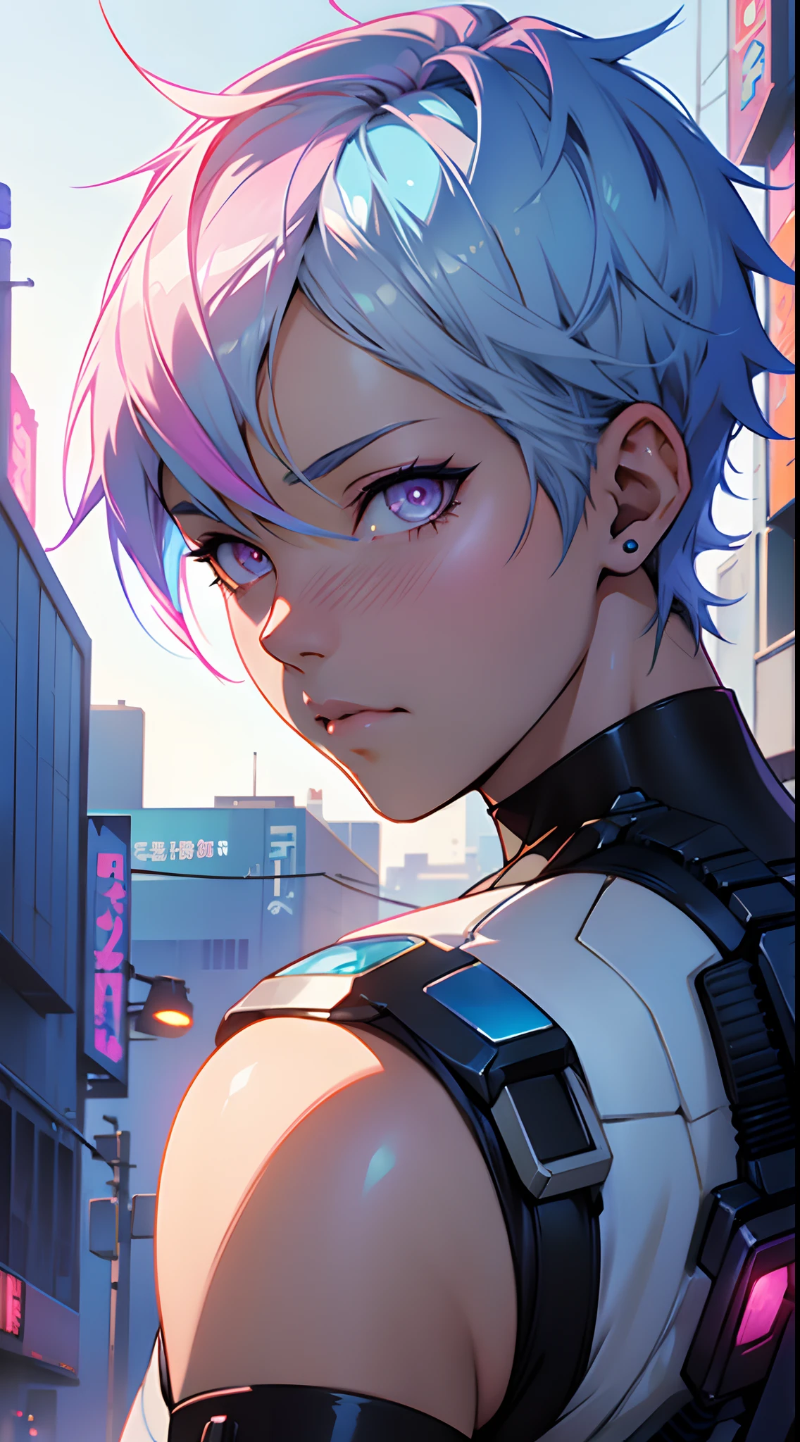 Anime cyberpunk woman with Pastel Rainbow white blue short hair,Light Pink eyes, 20 years old, by makoto shinkai, stanley artgerm lau, wlop, rossdraws