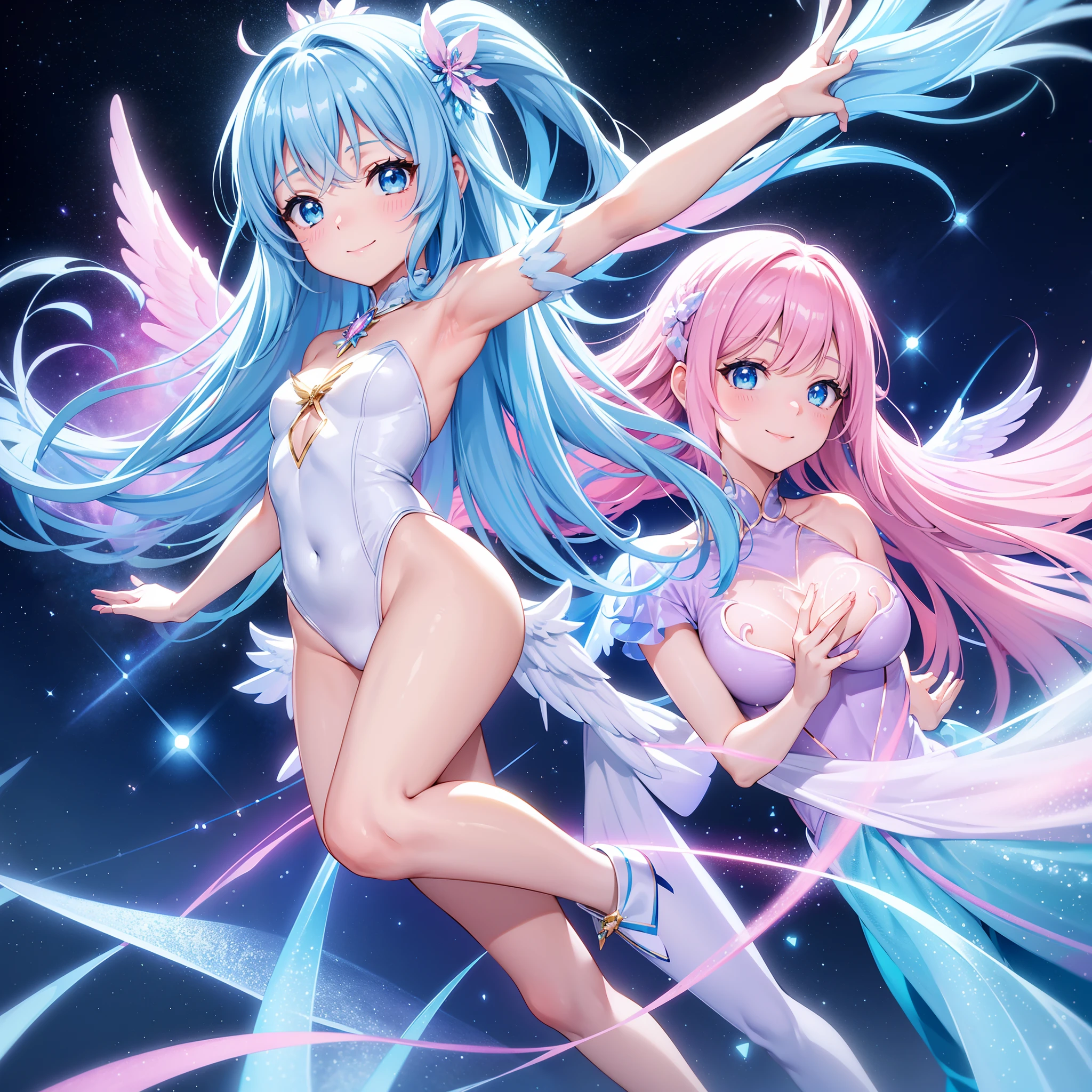 Super Idol　Angel Beautiful Girl　A charming smile　sky blue hair　length hair　Iridescent angel wings on the back　Open arms and face straight ahead　Twin-tailed　Glittering white and pink and yellow and blue leotard costume　Mystical　Fantasia　constellation　a moon　Crystal Brilliance　Aurora Borealis in the Night Sky