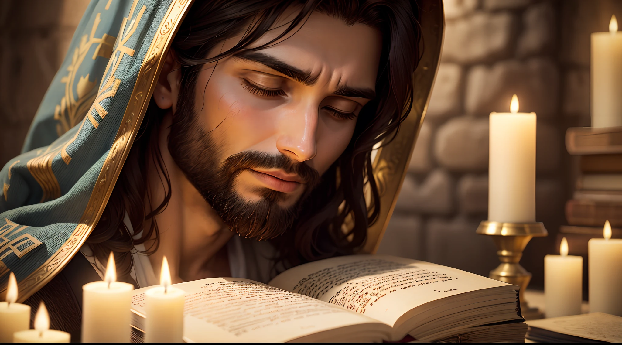 Closeup of Jesus Christ in prayer, Velas, Rezando, Biblical setting, Biblical paradise, Jesus, Ultra HD | |, realista, Realistic, jesus cristo olhando para as escrituras sagradas, Paradisiacal scenery, Jesus praying over an ancient holy biblical book, Background of paradise depicted in the Bible