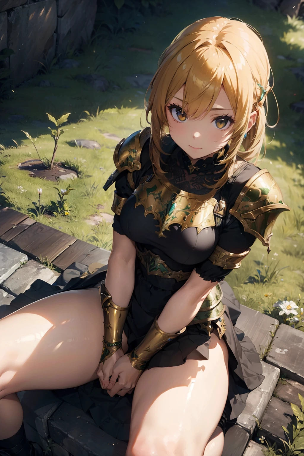 masterpiece, beautiful girl sitting with open legs looking at the viewer (((top view))) in shiny golden & green medieval highly detailed armor (((in Final Fantasy aesthetic style)))