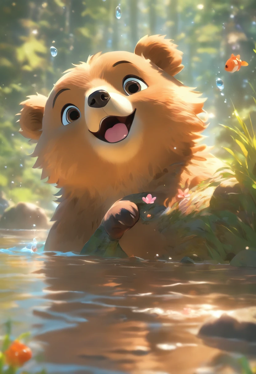 (best quality,4k,8k,highres,masterpiece:1.2),ultra-detailed,(realistic,photorealistic,photo-realistic:1.37),cute bear,eats fish,big eyes,Blushlush,greetings,bear's fur,honey-colored,fish scales,sparkling,water droplets,fresh salmon,delicacy,joyful expression,warm sunlight,green leaves,lush grass,blooming flowers,gentle breeze,playful bear cubs,forest background,harmonious,peaceful atmosphere,endearing pose,curious expression,nose twitching,ears perked,soft and fluffy fur,bear's paw,pink paw pads,friendly interaction,tiny fish bones,facial details,expressive eyebrows,whiskers,playful splashes of water,unbearably cute scene,colorful and vibrant,contrast between the bear's fur and the fish,precise rendering of the bear's eyes and mouth,attention to fur texture,vivid colors,realistic lighting effects,blurred background,underwater scene,natural habitat.