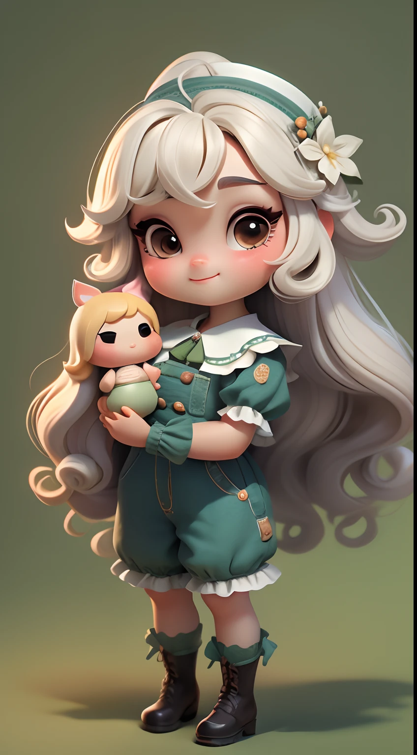 Create a series of cute  chibi style loliolls with a cute forest theme, sorridente e fofa, each with lots of detail and in an 8K resolution. All dolls should follow the same solid background pattern and be complete in the image, mostrando o (corpo inteiro, incluindo as pernas: 1.5)

Boneca fada: Chame-a de Bella. Ela deve ter cabelo longo e cacheado em tons moreno e preto. Seus olhos devem ser grandes e brilhantes, with long eyelashes and rosy cheeks. Bella should be dressed in a country-style jumpsuit, delicado, florido e detalhado. She should wear a hat and no accessories on her hands, deixando elas sem nada. Don't forget the details, com detalhes coloridos e enfeites encantadores, sapato bonito

Certifique-se de adicionar sombras, texturas e detalhes nos cabelos, roupas de cada boneca, to make them even more adorable and charming.