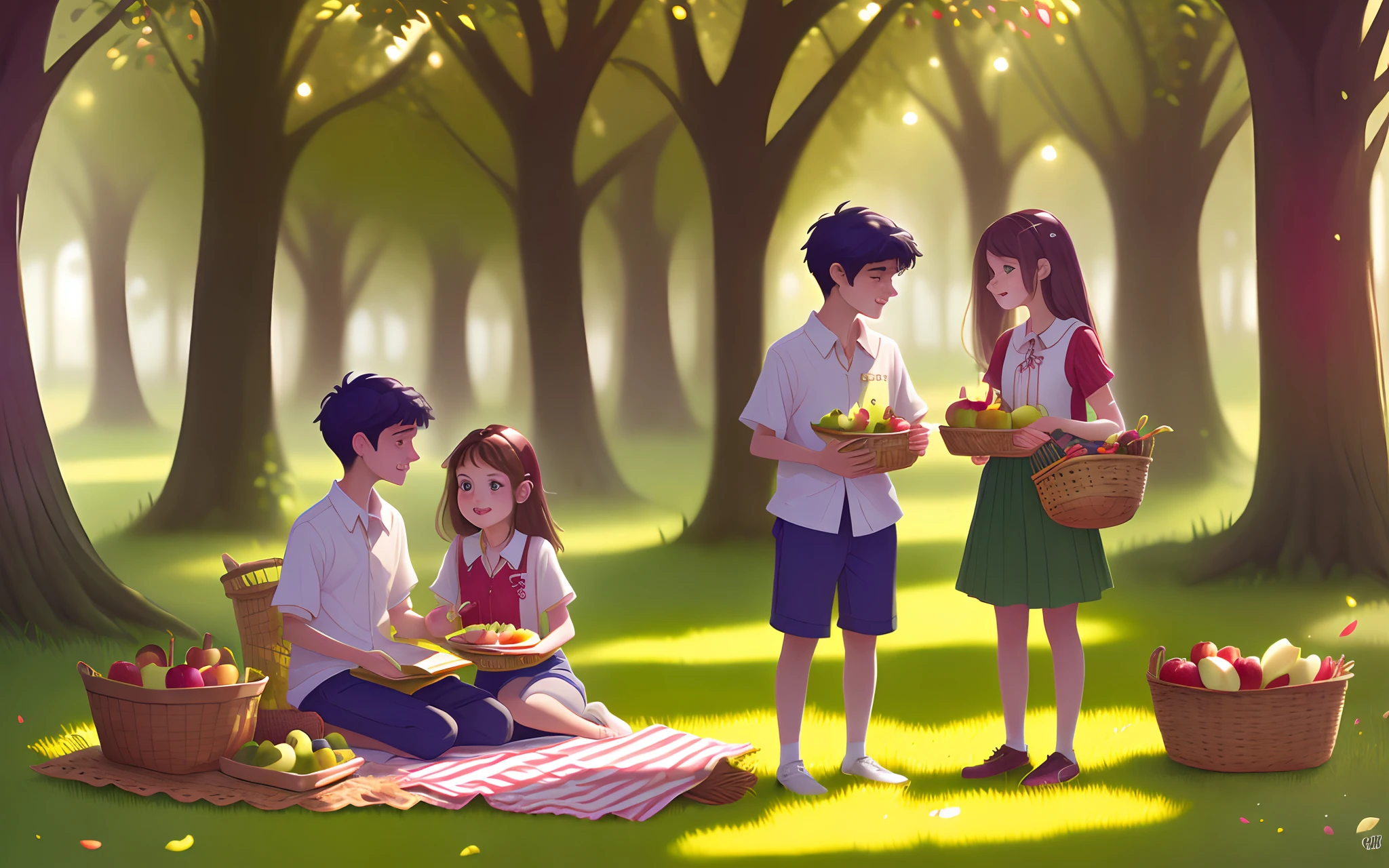 2 amigos, 1 menina de 12 anos e um menino de 14 anos, They're chatting happily, em um bosque, picnic sentados em toalha xadrez cor verde, Boy stands with a book in hand Attentive girl, As a snack there is a basket with apples, Fruit juice and a delicious apple pie. Friends are wearing young clothes.