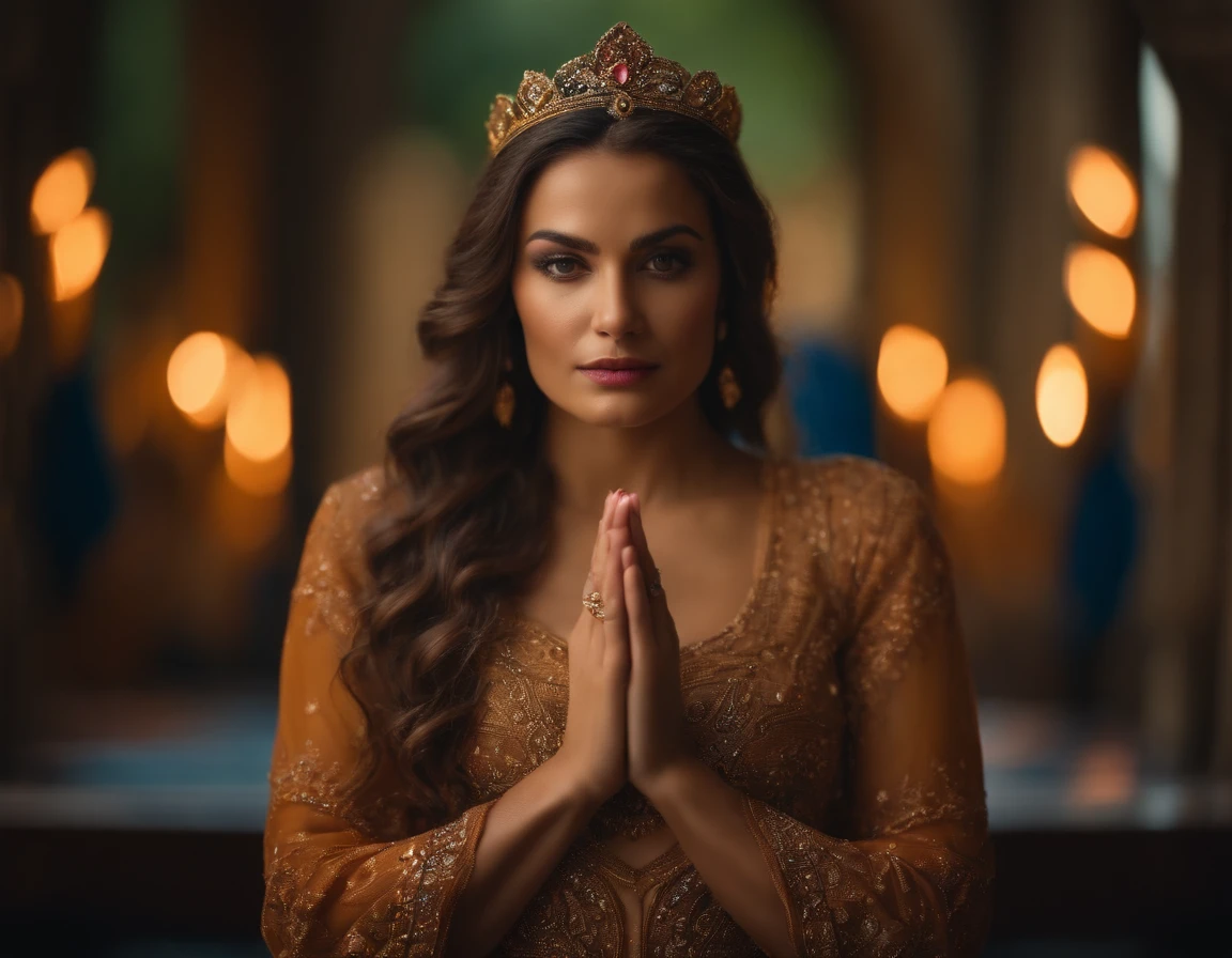 uma mulher de 25 anos, com roupas angelicais que cobrem todo o corpo, hands in prayer position, staring directly at camera