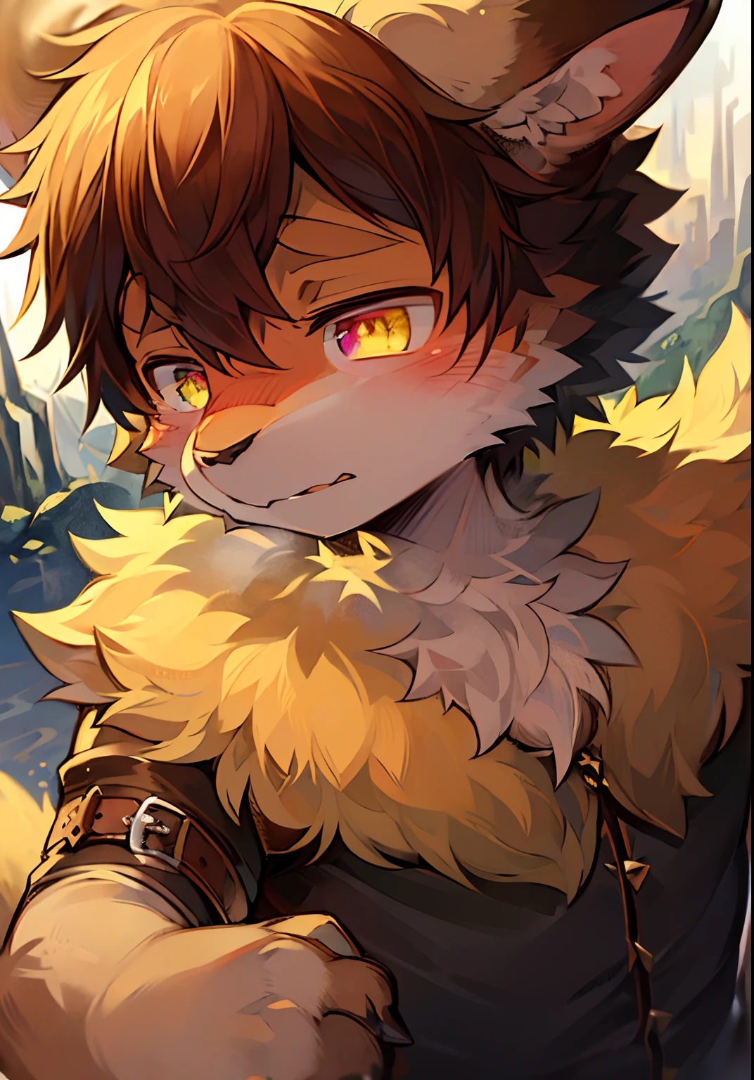 (dunkle Umgebung: 0,8), Meisterwerk, High quality, Absurd resolution, digitale Malerei \(Kunstwerk\), von Dagasi, Yupa, Kiyosan, (Anthro, flauschiges Fell, Charakterfokus: 1,1), Anthro-cheetah, kurzes Haar, portrait , helle Augen, Panorama, Charakterfokus. (detaillierter Hintergrund: 0,7), Solo, pelzig, pelziger Mann, male focus, anthr, (Ganzkörperfell, flauschiger Schwanz, gelbes Fell, rote Augen, gelbe Haare: 1,2)