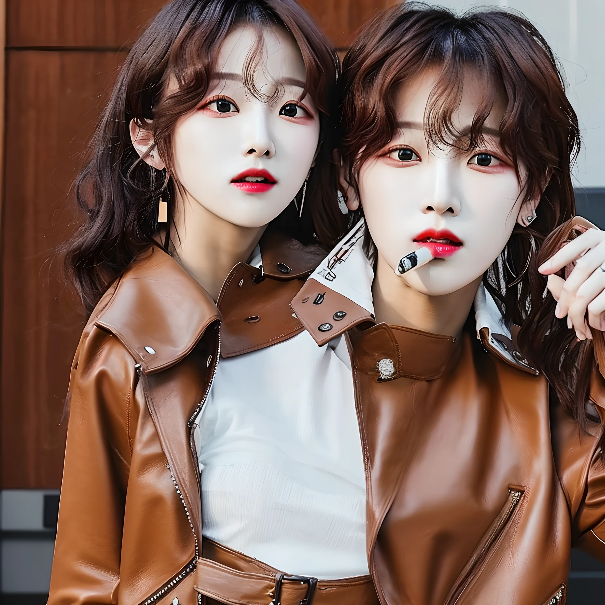 Jungkook medium long hair smoking cigar with leather jacket and Jennie long brown hair posing