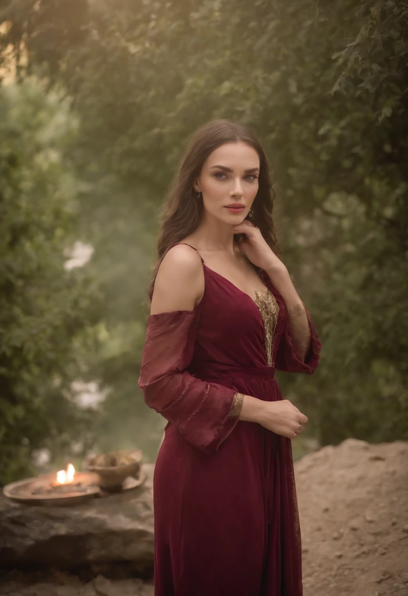 (((uma ferida avermelhada profunda atravessa sua bochecha esquerda))) tez justa, mulher em torno de 28 anos, cabelos dourados naturais, olhos verdes distintos, vestindo vestido longo vermelho, slender and graceful, Beautiful, sentada em um trono de pedra negra, luz de velas em um ambiente medieval, Ultra sharp focus, tiro realista, roupas femininas medievais, cores tetradicas (cicatriz:1.4)
