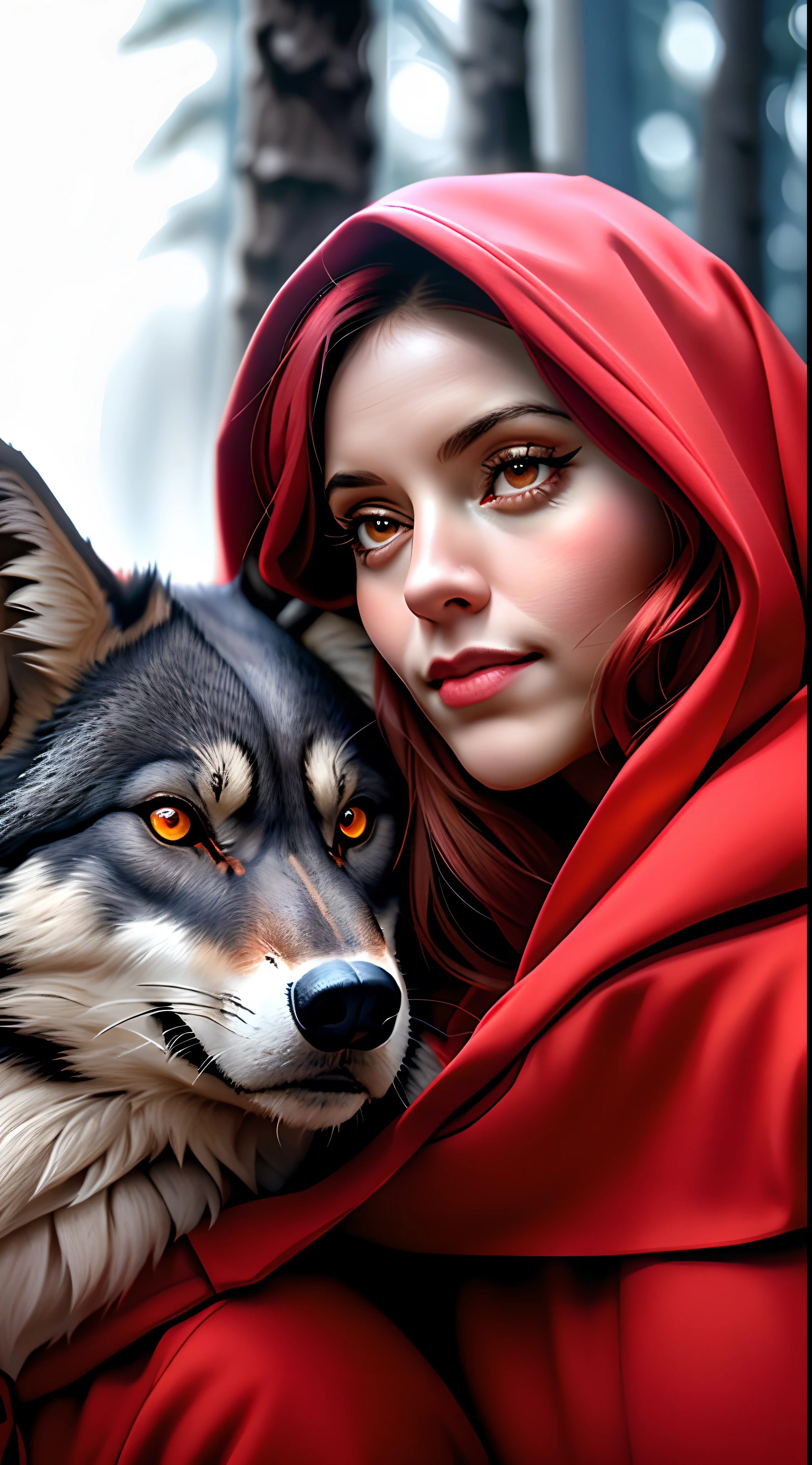 Girl in red hoodie hugging a wolf in the forest, Chapeuzinho Vermelho, Chapeuzinho Vermelho, vestido com um belo manto vermelho, Capuzes vermelhos, Angiewolf, thief red riding hood, wolfgirl, Lobos e seus tesouros, Meio Lobo, lobo como um humano, foto de retrato, Meio homem Meio Lobo, lobo, companheiro lobo, usando um capuz escarlate