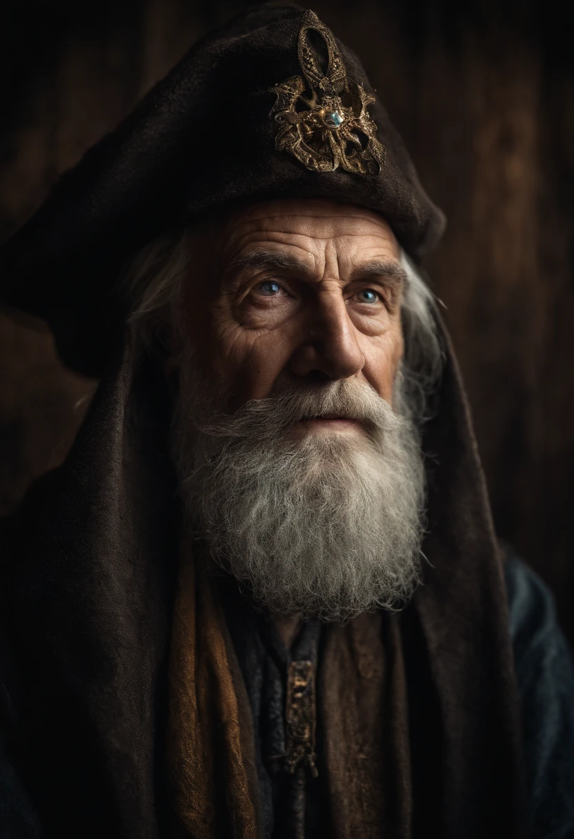 A portrait of a wizard, bearded, wrinkled, weathered, with piercing eyes, detailed face, high details, photography, dark studio, rim light, Nikon D850, 50mm, f/1.4
