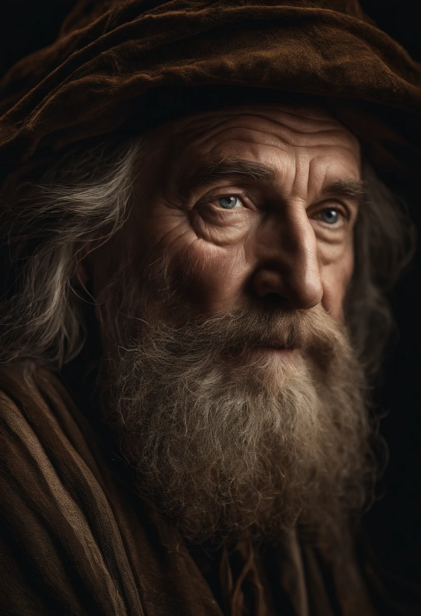 A portrait of a wizard, bearded, wrinkled, weathered, with piercing eyes, detailed face, high details, photography, dark studio, rim light, Nikon D850, 50mm, f/1.4