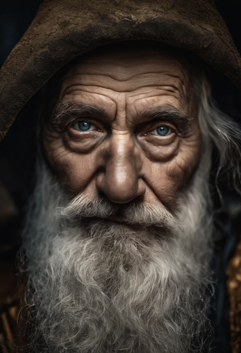 A portrait of a wizard, bearded, wrinkled, weathered, with piercing eyes, detailed face, high details, photography, dark studio, rim light, Nikon D850, 50mm, f/1.4