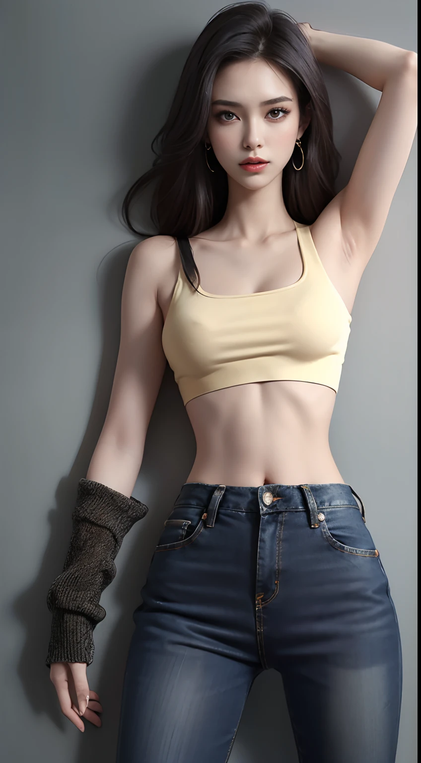 Girl in metal bra and tight denim skirt posing for photo, full body, with cropped T-shirt, bra, cropped black pants, slim body, small bust, sweat body, wet, slim girl model, 24 year old female model, laying on the bed,