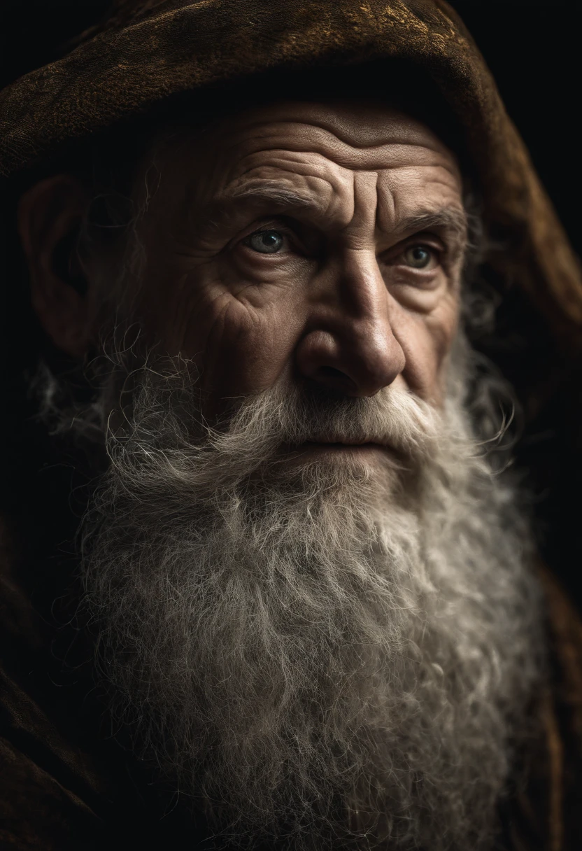 A portrait of a wizard, bearded, wrinkled, weathered, with piercing eyes, detailed face, high details, photography, dark studio, rim light, Nikon D850, 50mm, f/1.4