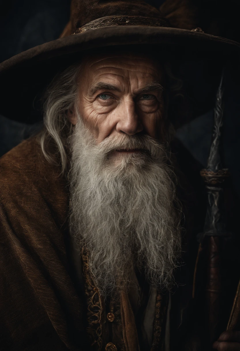 A portrait of a wizard, bearded, wrinkled, weathered, with piercing eyes, detailed face, high details, photography, dark studio, rim light, Nikon D850, 50mm, f/1.4