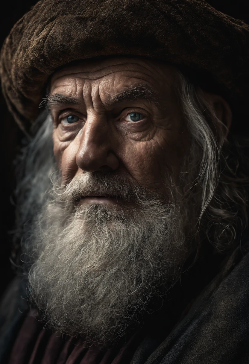 A portrait of a wizard, bearded, wrinkled, weathered, with piercing eyes, detailed face, high details, photography, dark studio, rim light, Nikon D850, 50mm, f/1.4