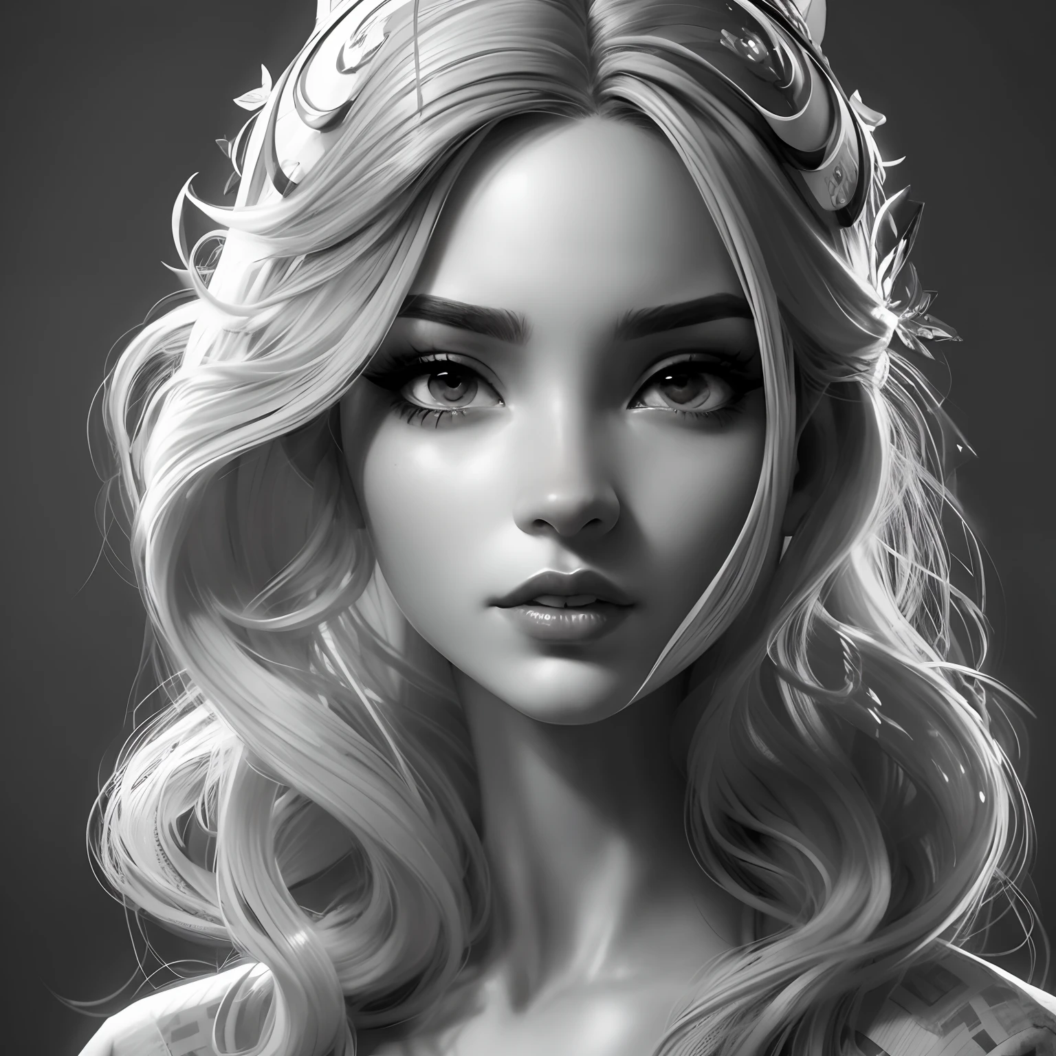 8k, realistic, ultra quality, beatiful girl, Stern anime girl, (Highest Quality, Amazing Details:1.25), cinematic lighting, unique, high-quality, very long hair, hair intakes, makeup, lipstick, eyelashes, ultra detailed eyes, ultra detailed face, ultra detailed lips, ultra detailed lipstick, ultra detailed makeup, 18 years girl, masterpiece, 8k, black and white