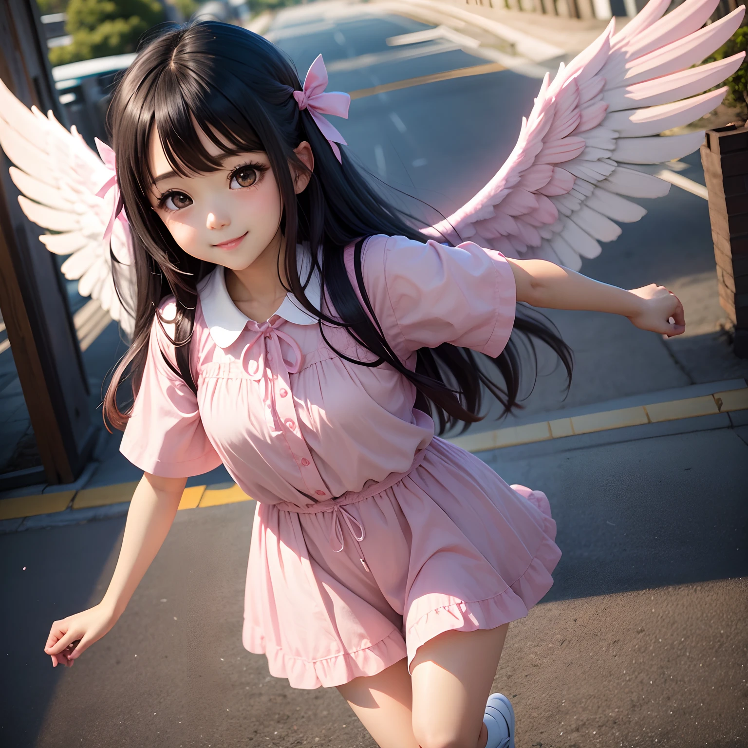 kawaii、Dark hair、pink clothing、Girl Angel、White double wing、A smile